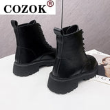 NEW Black Platform Combat Ankle Boots for Women Lace Up Buckle Strap Woman Shoes Winter Biker