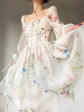 Elegant Floral Midi Dress Chiffon Long Sleeve Evening Party Dress Woman Beach Fairy One Piece Dress Korean 2023