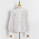 Casual Solid Shirt For Women Lapel Long Sleeve Patchwork Feathers Button Through Blouse Female Fashion Clothing