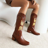 Cowgirl Boot Embroidered Western Knee High Boots For Women Big Size 45 Butterfly Design Platform Chunky Heel Autumn