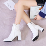 Ankle Buckle Decoration White Black Thick High Heel Ankle Boots Women 2023 Pointed Toe Keep Warm Elegant Short