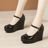 Heel High Heel Buckle Spring Single Shoes 2023 New Thick-Soled Waterproof Platform Walking Shoes Lacquered Leather Shallow-Mouth Work