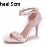 Queen Women Lace Wedding Shoes Thin High Heels White Bridal Open Toe Sandals Summer Strap Ankle Sexy Party