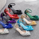 Breakj Cm Large-Size Sandals Fine Heel Head Crystal Glass High Heel Sandals Champagne Gold Banquet Dinner Women's