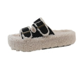 Autumn And Winter Large Size Double Buckle Platform Slippers With Velvet And Thick Lamb Wool Slippers Warm