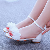 Breakj Cm Square With A Shallow Mouth With Buckle Sandals Ivory White Silk Satin Bridal White Flowers Sandals