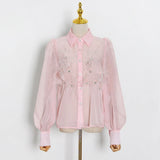 Casual Solid Shirt For Women Lapel Long Sleeve Patchwork Feathers Button Through Blouse Female Fashion Clothing