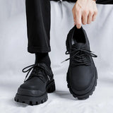 Breakj Men's Casual Platform Versatile Black Leather Shoes Heighten Derby Shoes Frosted Black