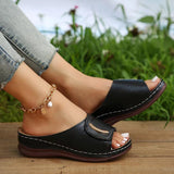 Breakj New Large-Size Slope Heel Sandals Women's Wide Strip With Breathable Casual Shoes Pure Color Slope Heel Women's