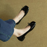 Vintage Bow Knot Lacquered Leather Bean Shoes Women's Flat Soles Summer Autumn Square Head Single Shoes Thick Heels Wine