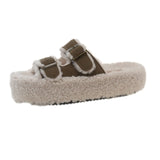Autumn And Winter Large Size Double Buckle Platform Slippers With Velvet And Thick Lamb Wool Slippers Warm
