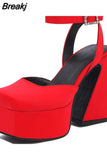 Chunky Heeled Satin Ankle Strap Pumps 2023 Spring Summer High Heel Wedding Shoes Walking Comfy Women Sandal Big Size