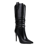 White Red Cowboy Western Boots Women Pleated Mid Calf Cowgirls Leather Shoes 2023 Spring Fall Thin High Heels Size