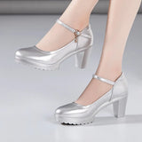 Heel 12Cm Cheongsam Model Catwalk Shoes Women's Thick Heel Thick-Soled Waterproof Platform Non-Slip Round Head Soft Leather Large-Size Single