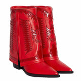 women's autumn and winter new fashion leather flower ankle boots white stitching thick heel pointed