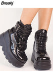 Brand Design Black Gothic Style High Heels Black Front Zipper Ankle Platform Boots Street Cool Woman Wedges