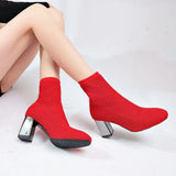 Color 7cm Square Heels Socks Boots Women Big Size 43 Stretch Fabric Elastic Pointed Toe Shoes Ankle Boot Woman