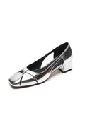 Breakj Vintage Silver Shallow Mouth Sandals Women's Low Heel Summer 2023 New Style Elegant Soft Leather Square Head Thick Heel Mary Jane