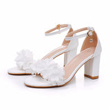 Breakj Cm Thick Heeled Light Mouth With Round Head Sandals Large Size Flowers High Heel Sandals White Bride Wedding Shoes