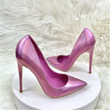 Metallic Leather Women High Heel Shoes Pointed Toe Shallow Stiletto High Heels Sexy Prom Wedding