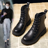 Black Leather Boots Women Shoes Platform Boots Lace Up Ankle Booties Winter Botas Fall Shoes