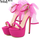 Sexy Open Toe 16CM Super High Heels Platform Sandals Women Fashion Pink Net Yarn Bowknot Design Wedding Stripper
