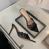 Breakj Sense!Champagne Lace Embroidery Tip High Heels Female Feel Fish Mouth Fine Heel Toe-In-Word Drag
