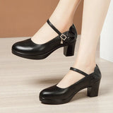 Heels, Thick Heels, Walking Shoes, Women's Leather Waterproof Table, Round Head Cheongsam Show Shoes, Black Professional Work