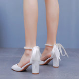 Breakj Cm Fish Mouth Coarse Sandals Shallow Buckle With Large-Size Beads Drifting Sandals Bride White Coarse Sandals