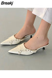High-Heeled Shoes Lady Woman's Slippers Slides Pointed Toe Low 2023 Cover Rome Basic PU Fabric Scandals Hoof Cover Toe