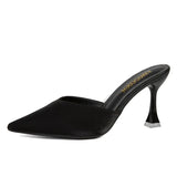 Women High Heels Solid Flock Slippers Mules Pointed Toe Fog Black Slides Women Home Slip On Flip Flops Heels 6CM/9CM Half