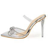 Clear PVC Transparent Pumps Slippers Perspex Stilettos High Heels Crystal Bowknot Pointed Toe Womens Mules Shoes
