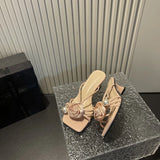 Breakj Summer New High-Heeled Shoes Retro Square Head Hollow Sandals Pearl Flowers Half Slippers