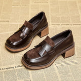 British Style Women's Shoes Fashion Loafers Spring Autumn Bow-knot Square Toe Chunky High Heel Brown Small Leather