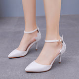 Breakj Lace Flower Wedding Shoes One-Word Wristband Bridal Shoes Fine Heel Sharp Wedding Shoes Women Sandals Car Show