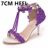 Queen High Heels 9CM 7CM 5CM Wedding Sandals Women Open Toe Strap Evening Party Summer Lace Flowers Pearl Tassel