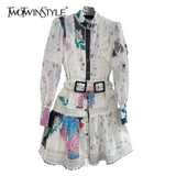Casual Silm Belted Print Patchwork Dress Female Round Neck Long Sleeve Gathered Waist Dresses For Women Style