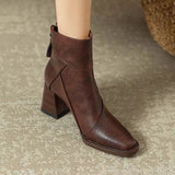 Breakj Brown Soft Leather Thick Heel Short Boots Female 2024 New High-Heel Martin Boots British Style Small Square Head Thin