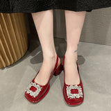 Women Sandals 2022 Square Toe Women Pumps Crystal Rhinestone Buckle Shallow Mules Pumps Slip on Heels Women Modern
