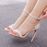 Breakj Cm Fine Heel Sandals White Buckle Shoes Fine Heel Roman Sandals Lace High Heel