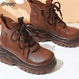 Genuine Leather Ankle Shoes Women Boots Round Toe Lace-up Retro 2023 New Autumn Winter Handmade Leisure Platform