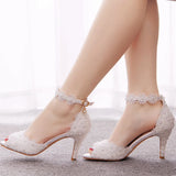Breakj Cm Lace Fish Mouth High Heel Sandals Shallow Mouth Buckle With Large-Size Round-Head High-Heeled Shoes White Satin Cloth