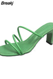 Green Summer Women Square Toe Sandals Ladies Snake Print Strappy Mules 6CM High Heels Slippers Female Fashion Woman