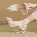 Flower Bow Pearl Chain Waterproof Platform Heel Heels Not Tired Wedding Shoes High