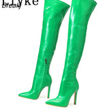 Runway Style Green Snake Print Leather Thigh High Boots Women Stiletto Heels Winter Pointed Toe Zip Over The Knee