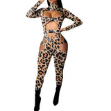 Women Bodycon Jumpsuit Solid Color Overalls Long Sleeves Rompers Bodysuits High Neck Hollow Out Buckle Biker Short