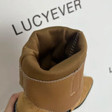 New Embroidery Pointed Toe Western Boots Women Slip On Thick Heels Mid Calf Boots Woman Brown Flock Cowboy Botas