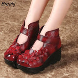 Handmade Flower Women Boots Round Toes Genuine Leather Ankle Boots Wedges Shoes Vintage