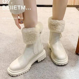 Winter Boots Women Platform Shoes Black White Leather Ankle Booties Plush Warm Fur Boots Snow Botas Fashion