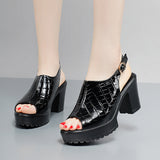 Breakj Mouth Patent Leather Crocodile High Heel Sandals Summer White Wedding Shoes Waterproof Table Thick Cheongsam Walking Shoes Coarse Heel Women's